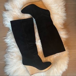Like new. Black suede wedge knee-high boots. SZ 9. With box.